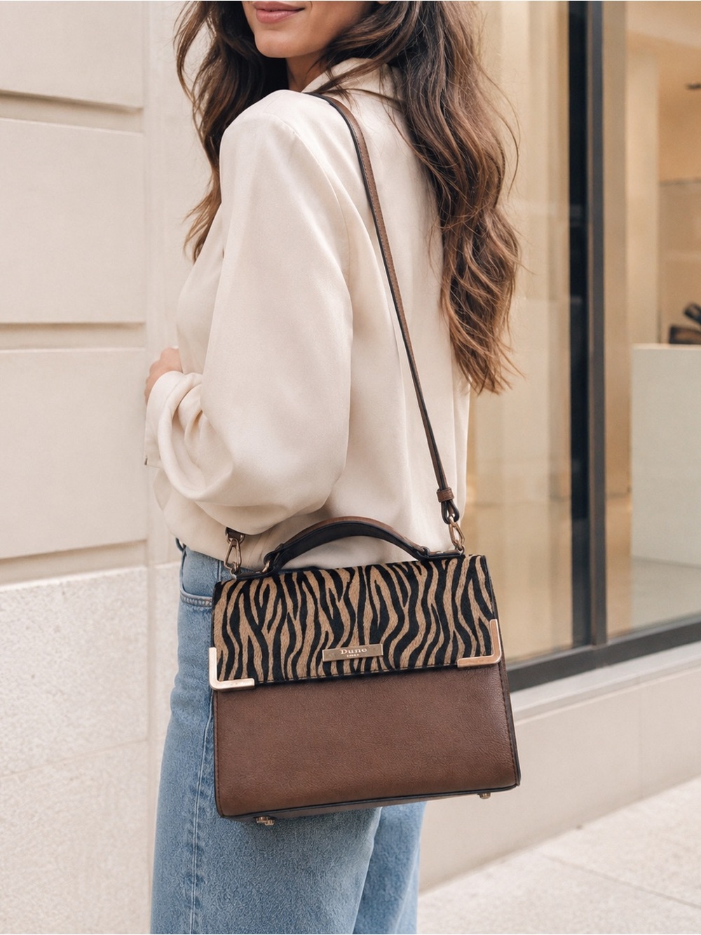 Dune London Zebra Calf Hair Brown Satchel Crossbody Bag | Gold Hardware - Picture 4 of 4